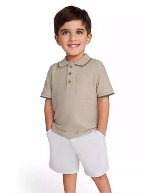 NWT Calvin Klein Kids Tan Polo Shirt with Chest Pocket and White Shorts, Size 4T